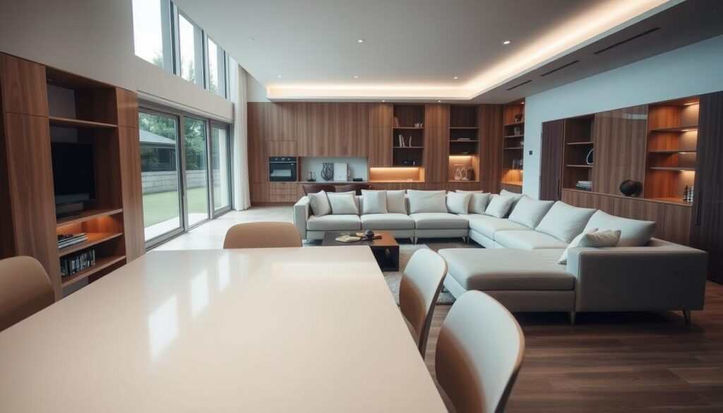 A contemporary home interior showcasing a variety of custom-fitted furniture pieces. The foreground features a sleek, minimalist dining table with matching chairs, exuding a sense of elegance and sophistication. In the middle ground, a large, modular sectional sofa occupies a prominent position, its clean lines and plush upholstery inviting relaxation. The background reveals floor-to-ceiling windows, allowing natural light to flood the space and create a warm, airy ambiance. Subtle accent lighting illuminates the room, highlighting the rich textures and natural wood tones of the bespoke cabinetry and shelving units. The overall composition conveys a harmonious, well-designed living environment that reflects the popularity and appeal of made-to-measure furniture. A contemporary home interior showcasing a variety of custom-fitted furniture pieces. The foreground features a sleek, minimalist dining table with matching chairs, exuding a sense of elegance and sophistication. In the middle ground, a large, modular sectional sofa occupies a prominent position, its clean lines and plush upholstery inviting relaxation. The background reveals floor-to-ceiling windows, allowing natural light to flood the space and create a warm, airy ambiance. Subtle accent lighting illuminates the room, highlighting the rich textures and natural wood tones of the bespoke cabinetry and shelving units. The overall composition conveys a harmonious, well-designed living environment that reflects the popularity and appeal of made-to-measure furniture.