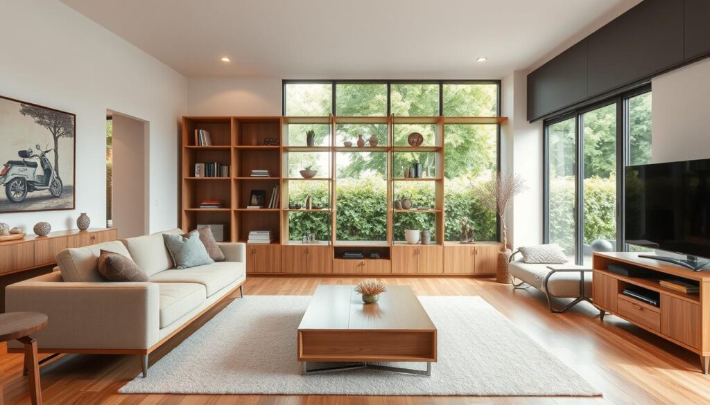 A cozy, well-lit living room with modern, custom-built furniture in natural wood tones. In the foreground, a sleek, minimalist L-shaped sofa adorns the space, complemented by a matching wooden coffee table. The middle ground features a set of modular shelving units, perfectly fitted to the dimensions of the room, displaying an array of decorative items and personal trinkets. The background showcases large, floor-to-ceiling windows, allowing natural light to flood the space and providing a serene view of a lush, verdant outdoor scene. The overall atmosphere is one of effortless sophistication and personalized comfort, capturing the essence of why one might choose to invest in custom-made furniture. A cozy, well-lit living room with modern, custom-built furniture in natural wood tones. In the foreground, a sleek, minimalist L-shaped sofa adorns the space, complemented by a matching wooden coffee table. The middle ground features a set of modular shelving units, perfectly fitted to the dimensions of the room, displaying an array of decorative items and personal trinkets. The background showcases large, floor-to-ceiling windows, allowing natural light to flood the space and providing a serene view of a lush, verdant outdoor scene. The overall atmosphere is one of effortless sophistication and personalized comfort, capturing the essence of why one might choose to invest in custom-made furniture.