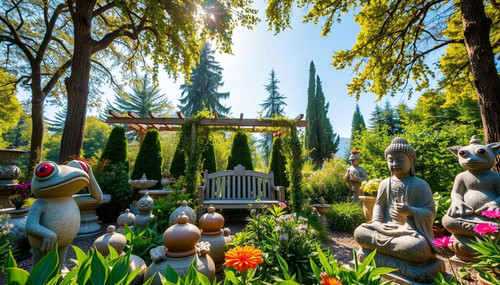 A beautiful garden scene showcasing a variety of stone garden decorations. In the foreground, prominently display intricately carved stone sculptures, such as a whimsical frog and a serene Buddha, surrounded by thriving green plants and colorful flowers. The middle ground features a sturdy stone bench under a trellis adorned with climbing vines, inviting relaxation. In the background, tall, lush trees and a clear blue sky create a tranquil atmosphere, dappled with warm sunlight filtering through the leaves. Capture this scene with a soft focus effect, using a wide-angle lens to emphasize the depth of the garden space. The overall mood should evoke tranquility and harmony, highlighting the durability and natural beauty of stone garden decorations.