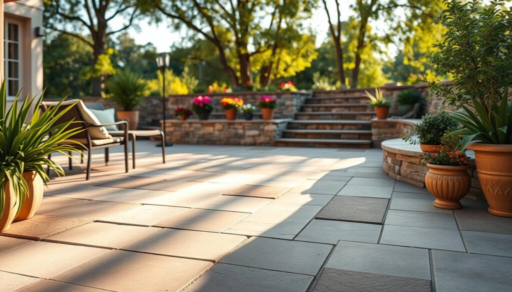 A beautiful outdoor terrace featuring natural stone flooring, showcasing a harmonious blend of large, flat stones in earthy tones of gray and beige, interspersed with lush green plants. In the foreground, elegantly arranged garden furniture complements the stonework, casting gentle shadows in the warm sunlight. The middle ground highlights a stone retaining wall and vibrant potted flowers, adding a pop of color and creating a cozy atmosphere. In the background, soft-focus trees create a serene backdrop, enhancing the natural feel of the scene. The lighting is soft and golden, indicative of late afternoon sun, creating a warm and inviting ambiance. The overall mood is tranquil and sophisticated, perfect for enjoying outdoor gatherings or solitary moments in nature. A beautiful outdoor terrace featuring natural stone flooring, showcasing a harmonious blend of large, flat stones in earthy tones of gray and beige, interspersed with lush green plants. In the foreground, elegantly arranged garden furniture complements the stonework, casting gentle shadows in the warm sunlight. The middle ground highlights a stone retaining wall and vibrant potted flowers, adding a pop of color and creating a cozy atmosphere. In the background, soft-focus trees create a serene backdrop, enhancing the natural feel of the scene. The lighting is soft and golden, indicative of late afternoon sun, creating a warm and inviting ambiance. The overall mood is tranquil and sophisticated, perfect for enjoying outdoor gatherings or solitary moments in nature.