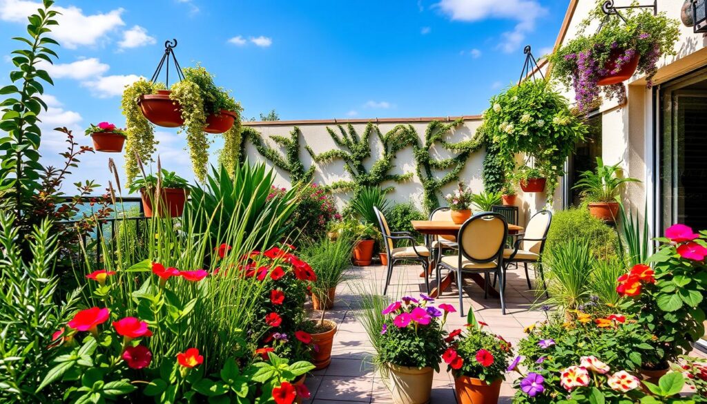 A beautiful terrace adorned with a variety of lush plants and flowers, showcasing an inviting and functional outdoor space. In the foreground, potted herbs like basil and rosemary, vibrant colorful flowers such as petunias and geraniums, and tall green grasses create a lively atmosphere. The middle ground features a stylish wooden table with elegant chairs, surrounded by climbing vines like ivy and fragrant jasmine cascading from hanging planters. In the background, a cozy, sunlit setting with a clear blue sky, complemented by soft diffused sunlight casting shadows across the terrace. The image captures a serene, harmonious ambiance, perfect for relaxation and aesthetic enjoyment. Use a wide-angle lens to emphasize the spaciousness and inviting nature of the terrace.
