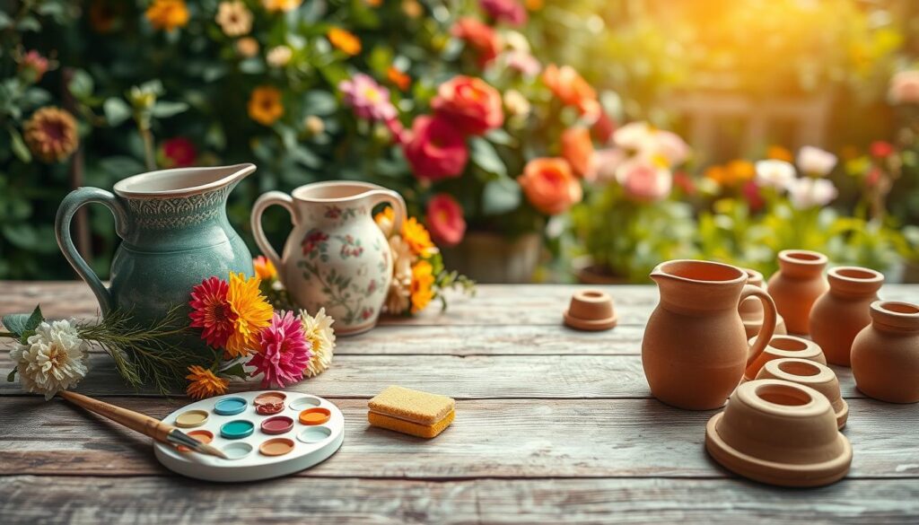 A beautifully arranged flat lay image showcasing the materials needed to create a decorative garden jug. In the foreground, display high-quality ceramics or terracotta pieces, along with tools like a paintbrush, palette of vibrant paints, and a sponge. Incorporate natural elements like fresh flowers or foliage nearby to enhance the garden theme. In the middle ground, add a textured wooden work surface and scattered clay or unpainted jugs, emphasizing the DIY aspect. The background features a soft focus of a bright, sunlit garden setting, with lush greenery and colorful blooms. Use warm, inviting lighting that creates a cheerful mood, capturing the essence of a joyful DIY project. Aim for a sharp focus on the materials, conveying a sense of creativity and inspiration.