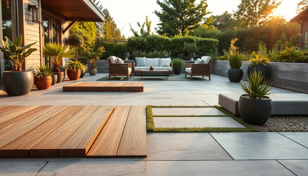 A beautifully composed outdoor terrace showcasing a variety of alternative materials to traditional tiles. In the foreground, a selection of textured wooden planks, stylish composite decking, and elegant porcelain pavers are arranged artistically on a concrete surface. In the middle ground, a cozy seating area with modern outdoor furniture invites relaxation, surrounded by vibrant potted plants and decorative elements. The background features a lush garden with greenery and trees, bathed in warm, golden afternoon light that enhances the inviting atmosphere. The image should have a soft focus on the materials while keeping the terrace lively, emphasizing a tranquil and stylish outdoor living space. The perspective should be slightly elevated, providing a comprehensive view of the materials and ambiance. A beautifully composed outdoor terrace showcasing a variety of alternative materials to traditional tiles. In the foreground, a selection of textured wooden planks, stylish composite decking, and elegant porcelain pavers are arranged artistically on a concrete surface. In the middle ground, a cozy seating area with modern outdoor furniture invites relaxation, surrounded by vibrant potted plants and decorative elements. The background features a lush garden with greenery and trees, bathed in warm, golden afternoon light that enhances the inviting atmosphere. The image should have a soft focus on the materials while keeping the terrace lively, emphasizing a tranquil and stylish outdoor living space. The perspective should be slightly elevated, providing a comprehensive view of the materials and ambiance.