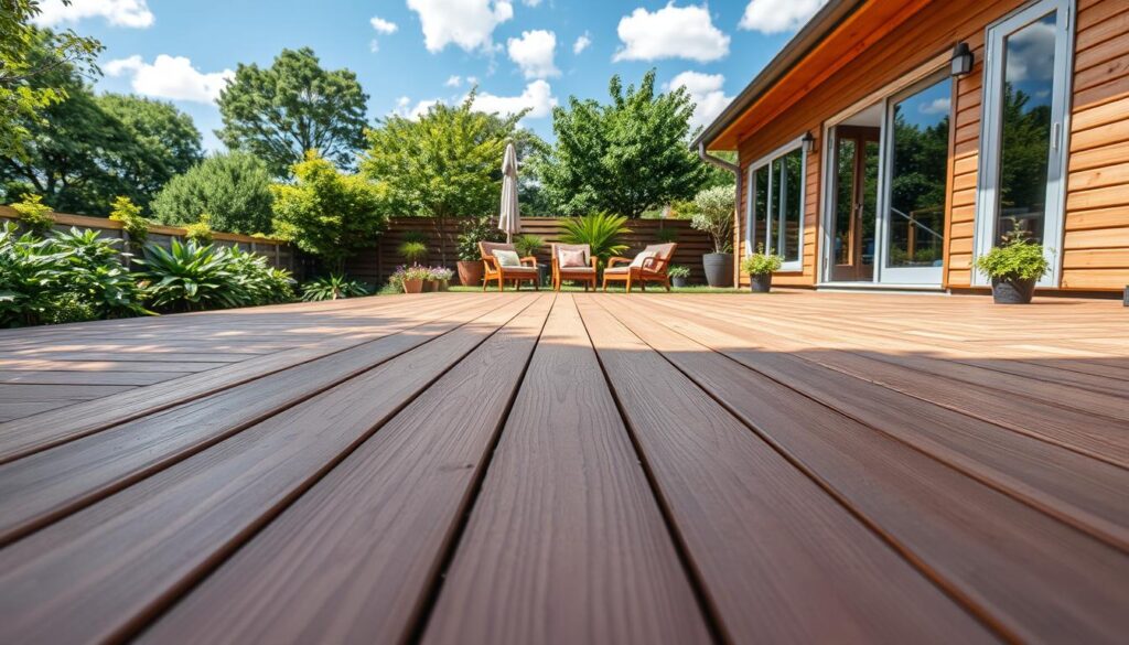 A beautifully constructed wooden terrace featuring a covered area, situated in a serene backyard setting. In the foreground, showcase the textured wooden planks of the terrace, with attention to detail on the natural grain and finish, reflecting sunlight. In the middle ground, include a cozy seating arrangement with stylish outdoor furniture, such as lounge chairs and a small table, accentuated by vibrant potted plants. The background should display a lush green garden, with trees providing shade, while a clear blue sky with scattered clouds adds to the tranquility of the scene. Use soft, natural lighting to create a warm and inviting atmosphere, capturing the angle from a slightly elevated perspective to emphasize the terrace's layout and design.