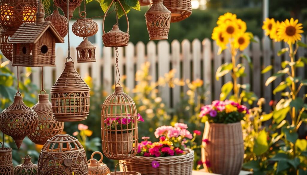 A beautifully curated outdoor scene showcasing stunning DIY wicker garden decorations. In the foreground, a collection of intricately woven wicker ornaments, including a hanging birdhouse, decorative lanterns, and artistic flowerpots filled with vibrant blooms. The middle ground features a lush garden filled with colorful flowers and greenery, softly illuminated by golden hour sunlight. In the background, a charming wooden fence and tall sunflowers sway gently in a light breeze, adding depth and context. The warm, inviting lighting enhances the texture of the wicker, creating a cozy and artistic atmosphere, perfect for inspiring creativity in gardening enthusiasts. The image should have a soft focus, emphasizing the details of the decor. A beautifully curated outdoor scene showcasing stunning DIY wicker garden decorations. In the foreground, a collection of intricately woven wicker ornaments, including a hanging birdhouse, decorative lanterns, and artistic flowerpots filled with vibrant blooms. The middle ground features a lush garden filled with colorful flowers and greenery, softly illuminated by golden hour sunlight. In the background, a charming wooden fence and tall sunflowers sway gently in a light breeze, adding depth and context. The warm, inviting lighting enhances the texture of the wicker, creating a cozy and artistic atmosphere, perfect for inspiring creativity in gardening enthusiasts. The image should have a soft focus, emphasizing the details of the decor.