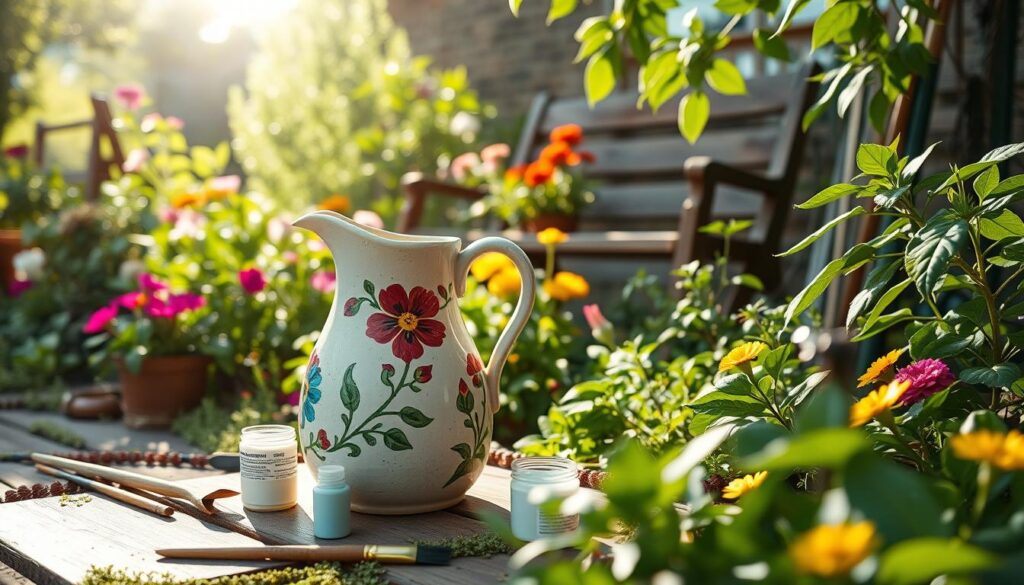 A beautifully decorated garden scene showcasing a rustic ceramic pitcher being treated with a protective sealant. In the foreground, the pitcher, adorned with vibrant floral patterns and surrounded by small paint brushes and containers of sealant, reflects meticulous DIY craftsmanship. The middle ground features lush green plants and vibrant flowers, creating an inviting and tranquil atmosphere. In the background, a wooden garden bench and a scattering of tools emphasize the homey gardening vibe. Soft, diffused sunlight filters through the leaves, casting gentle shadows, giving a warm, serene feel to the entire scene. The angle is slightly elevated, providing a comprehensive view of the joy of garden decoration and the careful process of pitcher impregnation.
