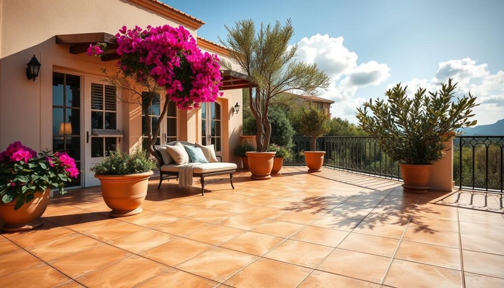 A beautifully designed Mediterranean-style terrace featuring durable, elegant tiles in warm, earthy tones. In the foreground, showcase a tastefully arranged patio set with comfortable cushions, surrounded by vibrant potted plants like bougainvillea and olive trees. The middle ground highlights the tasteful tile patterns on the terrace floor, glistening under soft, natural sunlight that casts gentle shadows. In the background, a clear blue sky with a few fluffy clouds enhances the serene ambiance. Capture the scene from a slightly elevated angle, creating depth and perspective, with a focus on the harmonious blend of nature and design. The overall mood is inviting and tranquil, embodying the charm of Mediterranean aesthetics. A beautifully designed Mediterranean-style terrace featuring durable, elegant tiles in warm, earthy tones. In the foreground, showcase a tastefully arranged patio set with comfortable cushions, surrounded by vibrant potted plants like bougainvillea and olive trees. The middle ground highlights the tasteful tile patterns on the terrace floor, glistening under soft, natural sunlight that casts gentle shadows. In the background, a clear blue sky with a few fluffy clouds enhances the serene ambiance. Capture the scene from a slightly elevated angle, creating depth and perspective, with a focus on the harmonious blend of nature and design. The overall mood is inviting and tranquil, embodying the charm of Mediterranean aesthetics.