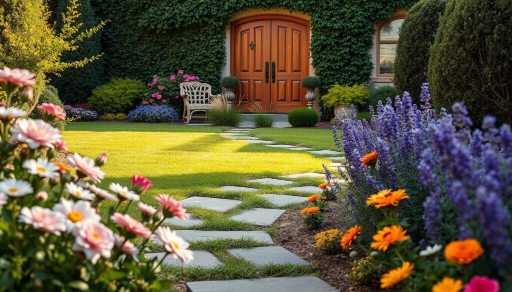 A beautifully designed entry garden leading to a home's front door, showcasing a variety of colorful flowers such as roses, daisies, and lavender in full bloom. In the foreground, a charming stone pathway winds through the lush greenery, inviting visitors to approach. The middle layer features a well-maintained lawn with strategically placed ornamental grasses and small decorative rocks, adding texture and interest. In the background, a classic home with welcoming wooden double doors, surrounded by ivy and climbing plants that enhance its appeal. Soft morning sunlight bathes the scene, creating a warm and inviting atmosphere. The angle captures the garden from a slightly elevated perspective, offering a clear view of the meticulous landscaping that emphasizes the role of the garden in creating a positive first impression.