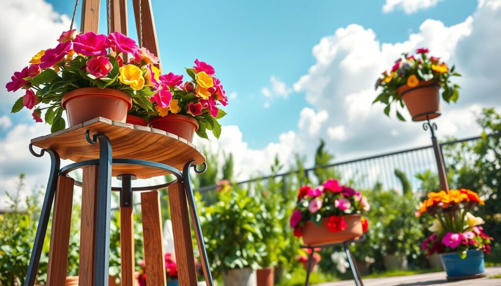 A beautifully designed garden flower stand, showcasing a blend of wood and metal materials. The foreground features a detailed close-up of the flower stand, with intricate wooden slats and sleek metal supports, holding colorful blooming flowers in pots. In the middle ground, a lush garden setting with vibrant greenery and additional flower arrangements complements the stand, enhancing its appeal. The background features a clear blue sky with fluffy white clouds, casting gentle natural light on the scene. The angle should be slightly elevated, capturing the height and structure of the stand while including visual depth. The atmosphere is peaceful and inviting, emphasizing a sense of tranquility in a garden environment. Ensure no text or markings are present in the image. A beautifully designed garden flower stand, showcasing a blend of wood and metal materials. The foreground features a detailed close-up of the flower stand, with intricate wooden slats and sleek metal supports, holding colorful blooming flowers in pots. In the middle ground, a lush garden setting with vibrant greenery and additional flower arrangements complements the stand, enhancing its appeal. The background features a clear blue sky with fluffy white clouds, casting gentle natural light on the scene. The angle should be slightly elevated, capturing the height and structure of the stand while including visual depth. The atmosphere is peaceful and inviting, emphasizing a sense of tranquility in a garden environment. Ensure no text or markings are present in the image.