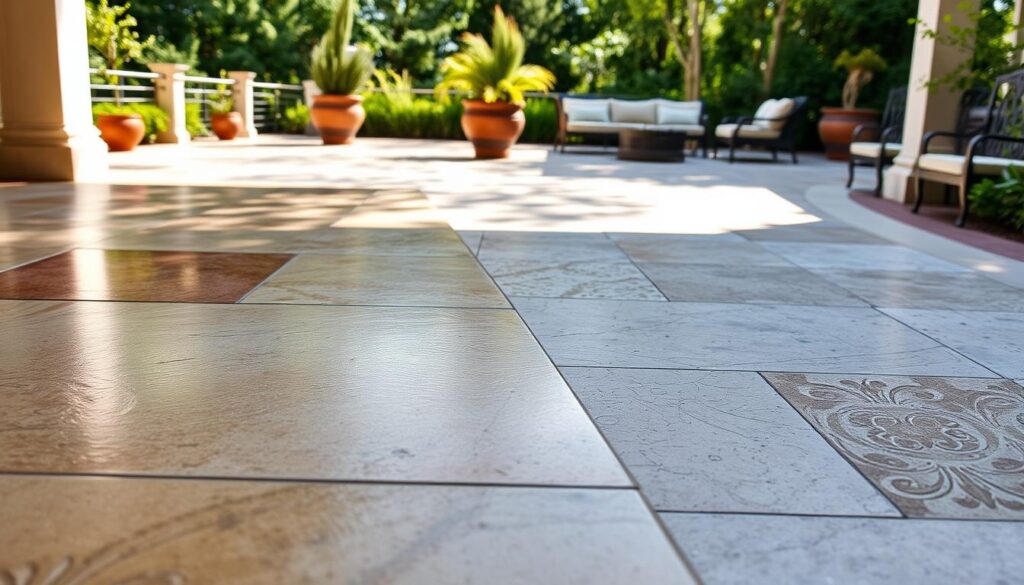 A beautifully designed outdoor terrace featuring various types of concrete surfaces, including polished, stamped, and textured finishes. In the foreground, showcase a close-up of a stamped concrete pattern with natural colors and intricate details, reflecting light. The middle ground displays an elegant terrace layout with planters and seating areas strategical placed on different concrete types. In the background, a serene garden setting is visible, with soft afternoon sunlight filtering through greenery, casting gentle shadows. The atmosphere is inviting and tranquil, perfect for relaxation and outdoor gatherings. Capture the scene with a slight downward angle, emphasizing the variety and sophistication of the concrete designs without any text or distractions.