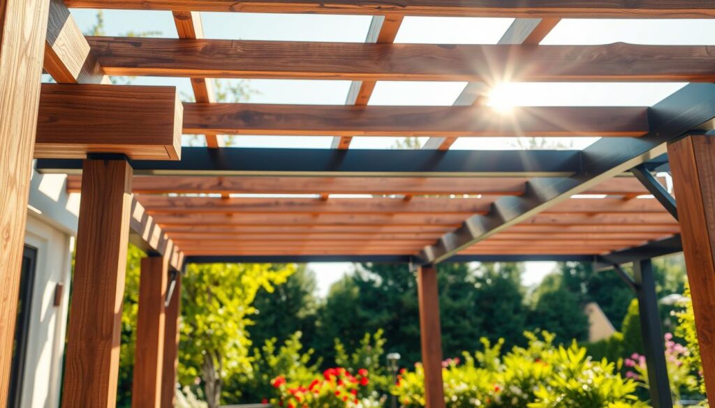 A beautifully designed outdoor terrace featuring various types of roofing beams for pergolas, including sturdy wooden beams, sleek metal supports, and modern composite materials. In the foreground, showcase a close-up of different beam textures, such as natural wood grain and smooth metal finishes. In the middle ground, display a partially constructed pergola featuring these beams in a harmonious arrangement, with sunlight filtering through, casting intricate shadows. The background should consist of a lush garden with colorful flowers and green foliage, creating a serene atmosphere. The lighting should be warm and inviting, reminiscent of a sunny afternoon, with a slight lens flare for depth. Aim for a professional and informative mood, suitable for illustrating a guide on choosing the right beams for a terrace roof.