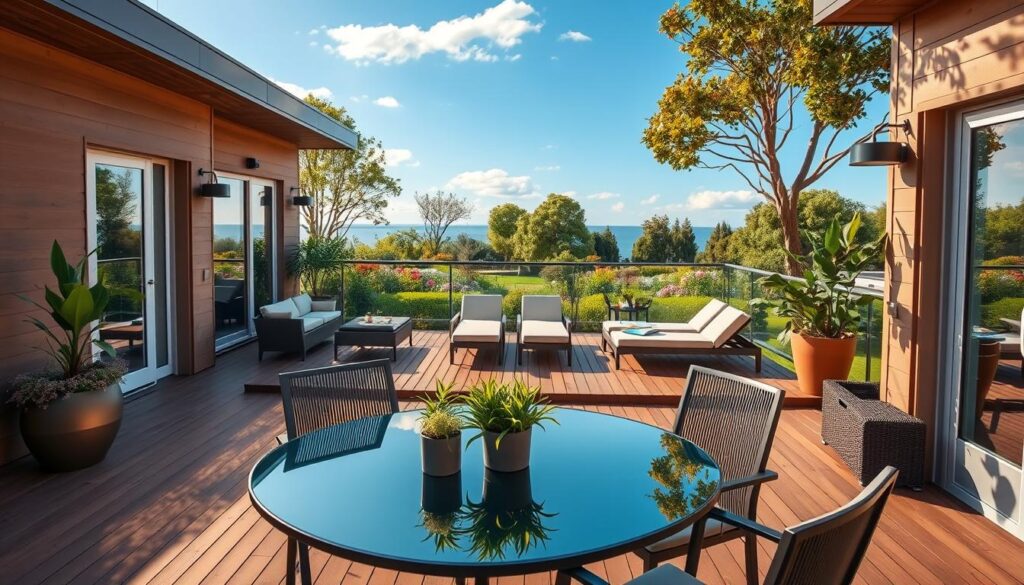 A beautifully designed outdoor terrace, showcasing various design aspects such as wooden decking, weather-resistant furniture, and lush greenery. In the foreground, a stylish table with elegant chairs set for an al fresco meal, adorned with potted plants. The middle of the image features a spacious terrace surrounded by contemporary railing and cozy loungers, creating an inviting atmosphere. In the background, a serene view of a garden with colorful flowers and a clear blue sky, suggesting a peaceful environment. The scene is illuminated by soft, warm sunlight, capturing the essence of a tranquil outdoor living space. The angle is slightly elevated to provide a comprehensive view of the terrace design, highlighting functionality and aesthetics in harmony.