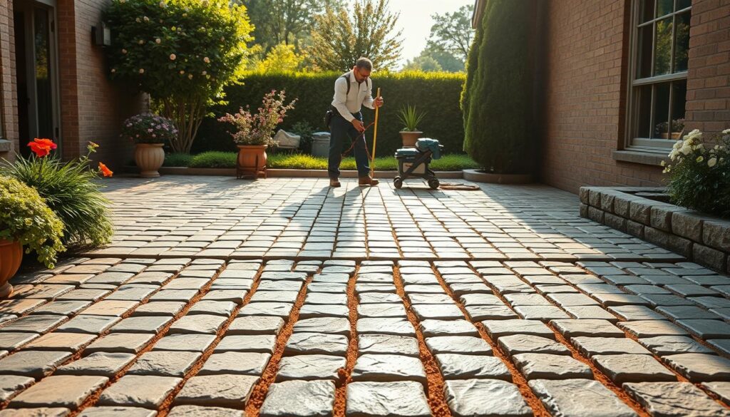 A beautifully designed patio made of cobblestone, showcasing an elegant layout with varying stone patterns. In the foreground, neatly arranged cobblestones glisten under soft afternoon sunlight, casting delicate shadows. The middle layer features a partial view of an expert installer, dressed in professional work attire, carefully measuring the stones for perfect placement. In the background, a lush garden adds a splash of greenery, with blooming flowers and a neatly trimmed hedge, enhancing the inviting atmosphere. The scene is captured with a wide-angle lens to emphasize the spaciousness of the patio, with warm, natural lighting to evoke a serene and welcoming mood. The overall composition highlights the craftsmanship and beauty of a cobblestone terrace in a residential setting.