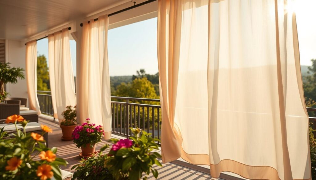 A beautifully designed terrace featuring elegant outdoor curtains that gently flutter in a soft breeze. In the foreground, vibrant potted plants add a touch of greenery, while a stylish, weather-resistant curtain rod elegantly holds the fabric in place. The middle ground showcases billowing, light-colored curtains that provide a cozy and inviting atmosphere, casting soft shadows on the wooden terrace floor. The background includes a scenic view of a tranquil garden bathed in warm, golden sunlight, creating a serene mood. The image is captured at a slightly low angle to emphasize the height of the curtains and the spaciousness of the terrace, using natural lighting to enhance the colors and textures, evoking a sense of relaxation and comfort in outdoor living.