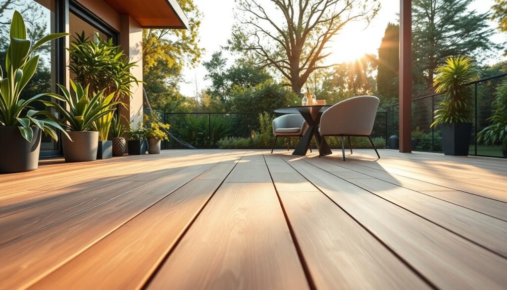 A beautifully designed terrace featuring wooden composite flooring, showcasing its rich textures and natural wood-like grains. The foreground captures a close-up view of the composite planks, highlighting their durability and resistance to weathering. In the middle, elegant outdoor furniture—a stylish, contemporary table and chairs—sits atop the composite surface, inviting relaxation. The background reveals a lush garden, with vibrant green plants and soft sunlight filtering through trees, casting gentle shadows. The scene is set during golden hour, creating a warm and inviting atmosphere. The image is captured with a wide-angle lens to emphasize the spaciousness of the terrace, ensuring a serene and peaceful mood, perfect for outdoor living. A beautifully designed terrace featuring wooden composite flooring, showcasing its rich textures and natural wood-like grains. The foreground captures a close-up view of the composite planks, highlighting their durability and resistance to weathering. In the middle, elegant outdoor furniture—a stylish, contemporary table and chairs—sits atop the composite surface, inviting relaxation. The background reveals a lush garden, with vibrant green plants and soft sunlight filtering through trees, casting gentle shadows. The scene is set during golden hour, creating a warm and inviting atmosphere. The image is captured with a wide-angle lens to emphasize the spaciousness of the terrace, ensuring a serene and peaceful mood, perfect for outdoor living.