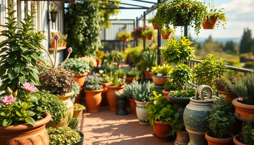 A beautifully designed terrace filled with an abundance of plants in stylish pots and containers, showcasing a variety of green shades and textures. In the foreground, vibrant planters are elegantly arranged, featuring flowering plants and lush greenery, with some pots displaying intricate designs. The middle ground reveals a variety of container sizes, from large ceramic pots to smaller hanging baskets, all filled with thriving plants. The background captures a serene outdoor setting, with a soft-focus view of a garden and blue sky. The lighting is warm and inviting, suggesting late afternoon sun, casting gentle shadows across the terrace. The atmosphere feels calm and peaceful, perfect for enjoying nature amidst charming decor.