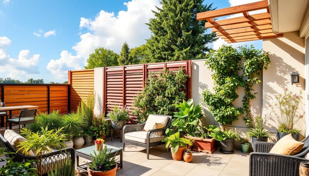 A beautifully designed terrace garden showcasing various options for patio enclosure. In the foreground, display a cozy seating area with elegant outdoor furniture, surrounded by lush plants and decorative pots. The middle ground features different wall ideas for terrace enclosures, such as glass panels, wooden slats, and trellises with climbing plants, offering a mix of style and functionality. In the background, a bright blue sky with soft, fluffy clouds enhances the peaceful atmosphere. The setting should convey a sense of tranquility and inspiration for homeowners looking to enhance their outdoor spaces. Use warm, natural lighting to emphasize the inviting feel of the terrace. The image should communicate ideas for practical and aesthetic terrace wall solutions without any text or distractions.
