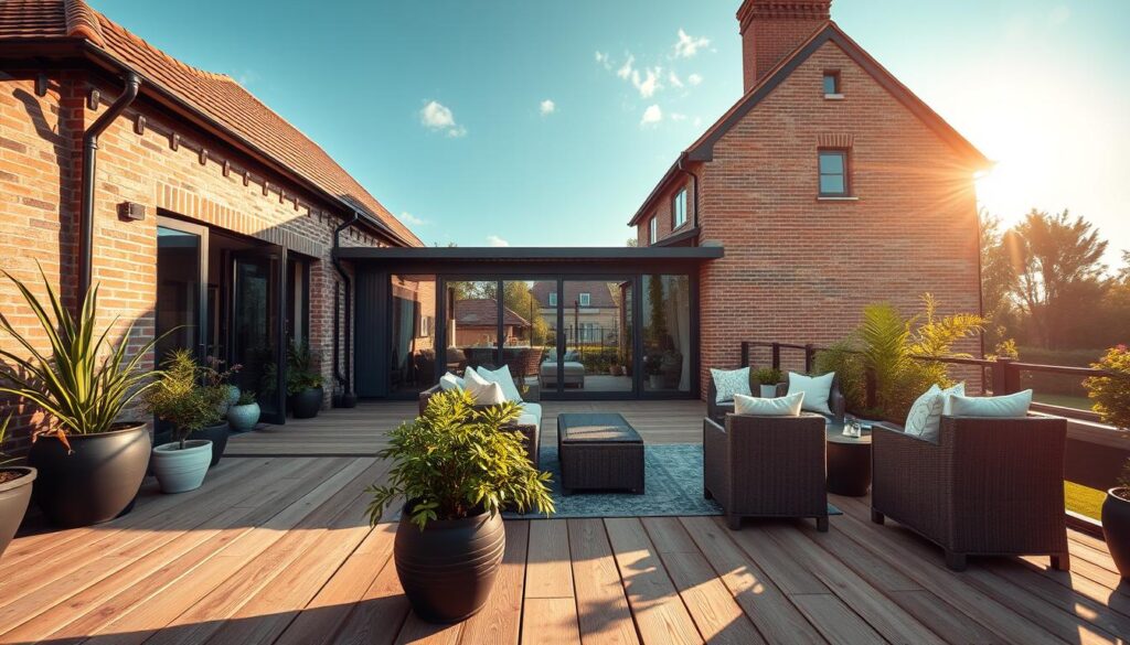 A beautifully designed terrace project in a serene setting, showcasing a blend of modern and rustic elements. In the foreground, a wooden deck adorned with potted plants and comfortable outdoor furniture invites relaxation. The middle ground features a spacious terrace seamlessly extending from an old house, highlighting architectural details like traditional brickwork and large glass doors. In the background, lush greenery and a clear blue sky create a tranquil atmosphere, softly illuminated by warm, golden sunlight. The perspective captures a slight upward angle, emphasizing the elegance of the terrace design. The mood is inviting and inspiring, evoking the essence of outdoor living while maintaining a sense of connection to the heritage of the home.