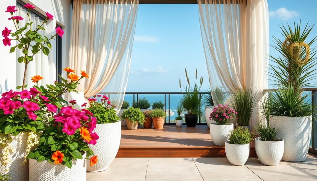 A beautifully designed terrace scene featuring artistic plant arrangements in stylish pots. In the foreground, various vibrant flowering plants spill from modern, textured ceramic planters, showcasing colors like deep pink, bright orange, and lush green foliage. The middle layer highlights a sleek wooden deck surrounded by a mix of potted herbs and decorative grasses. In the background, a soft blue sky peeks through elegant sheer curtains fluttering in a gentle breeze, creating a serene atmosphere. Natural sunlight bathes the scene, casting soft shadows and enhancing the vivid colors of the plants. The composition captures an inviting, tranquil setting perfect for relaxation and outdoor enjoyment, evoking a sense of harmony with nature.