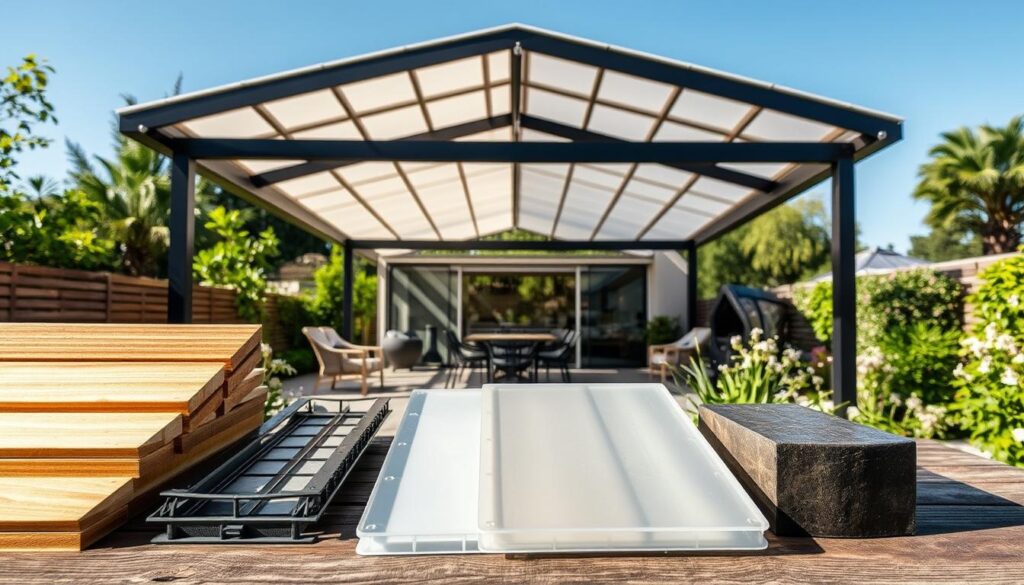 A beautifully designed terrace shading structure surrounded by nature, showcasing various materials for constructing a terrace roof. In the foreground, display samples of wood beams, metal frames, and translucent polycarbonate panels, arranged aesthetically on a rustic table. In the middle ground, feature an elegantly shaded terrace with a modern design, highlighting the contrasting textures of the materials used—smooth wood, sleek metal, and light-diffusing panels. The background should include a lush garden with greenery and flowering plants, under a clear blue sky. Soft, natural lighting casts gentle shadows, creating a serene and inviting atmosphere. The angle should be slightly elevated, providing a comprehensive view of the terrace and surrounding landscape without any text or distractions.