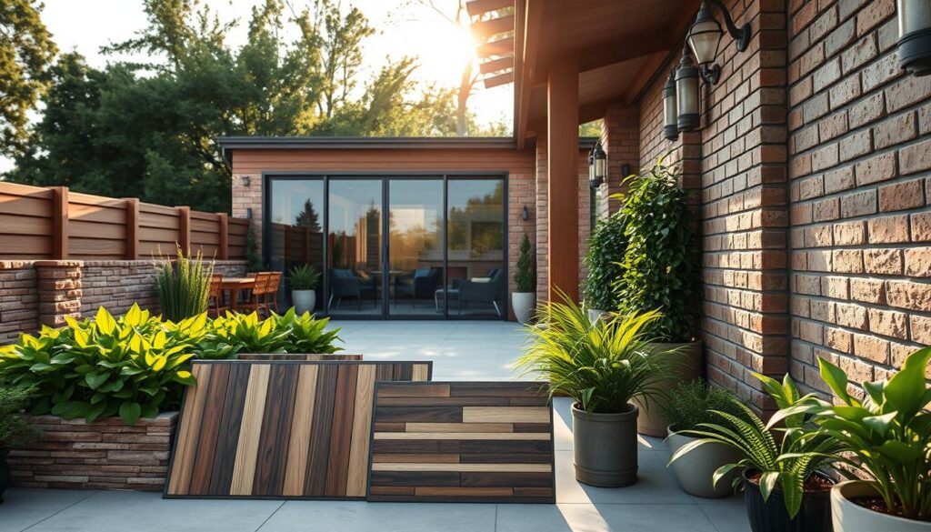 A beautifully designed terrace showcasing a selection of wall materials ideal for patio walls. In the foreground, showcase textured stone and wood panels arranged in an aesthetically pleasing manner, alongside samples of vertical garden walls with lush green plants. In the middle, display glass panels reflecting the sunlight, providing an elegant touch, combined with rustic brick options to highlight versatility. The background should feature an inviting terrace setting with a soft, warm glow from afternoon sunlight filtering through trees. Capture this scene from a dynamic angle, emphasizing depth with a slight blur on the background elements. The overall mood should evoke inspiration and practicality, appealing to homeowners seeking stylish and functional wall materials for their terraces.