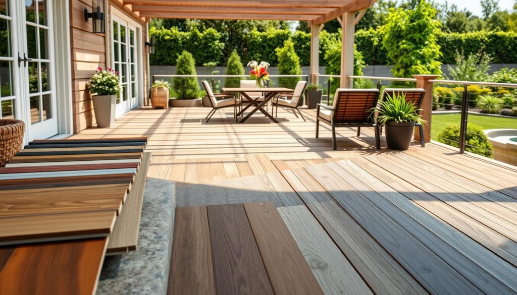 A beautifully designed terrace showcasing a variety of flooring materials such as hardwood, stone, composite decking, and tiles. In the foreground, detailed samples of these materials are displayed, highlighting their textures and colors. The middle ground features a well-constructed terrace with comfortable outdoor furniture like a dining set and lounge chairs, creating an inviting atmosphere. The background reveals a landscaped garden with greenery, providing a serene environment. Natural sunlight illuminates the scene, casting gentle shadows to enhance depth. Capture the image from a slightly elevated angle to encompass the entire terrace layout, evoking a sense of stylish outdoor living space perfect for relaxation and gatherings. The overall mood is tranquil and inviting, conveying a professional and polished appearance.