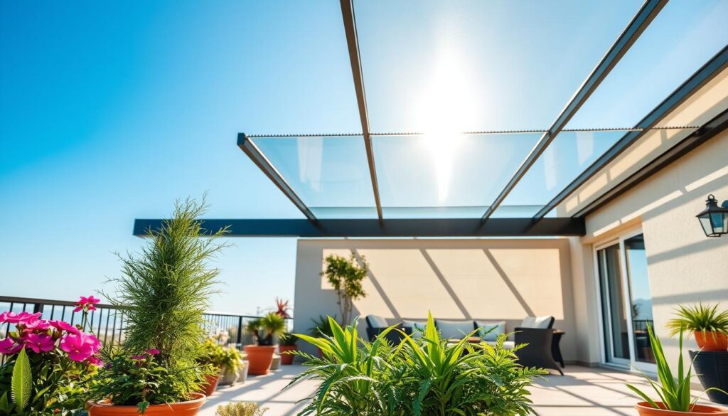 A beautifully designed terrace with a polycarbonate roof showcasing its advantages. In the foreground, vibrant potted plants and comfortable outdoor furniture invite relaxation. The middle ground features a translucent polycarbonate roof allowing natural light to filter through, emphasizing its protective qualities against rain and UV rays. Sunlight casts gentle shadows on the terrace floor, enhancing the warm and inviting atmosphere. The background shows a clear blue sky, illustrating the weather protection provided by the structure. Use bright, natural lighting to highlight the materials and create a serene outdoor setting ideal for enjoying leisure time. The overall mood should be peaceful and uplifting, reflecting the benefits of a polycarbonate terrace cover.