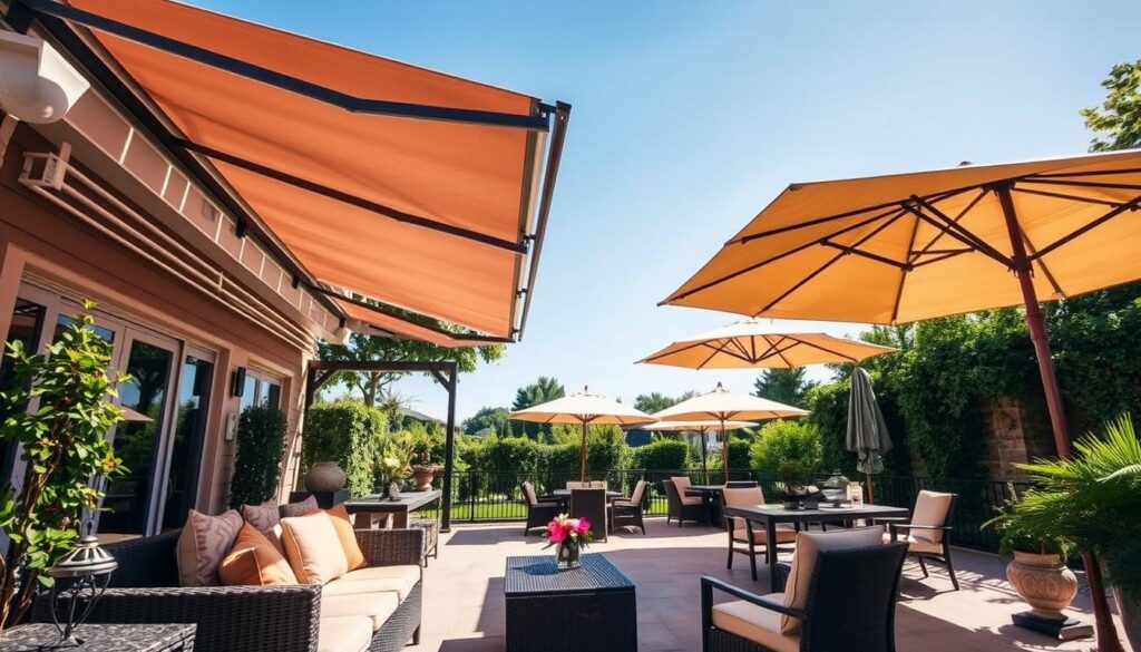 A beautifully designed terrace with effective shading solutions, showcasing popular methods to create a stylish and comfortable outdoor space. In the foreground, a cozy seating area with tasteful garden furniture, inviting cushions, and a stylish side table. The middle ground features various shading options such as a large, elegant retractable awning casting soft shadows, decorative pergolas draped with climbing plants, and outdoor umbrellas providing sun protection. In the background, lush greenery and a clear blue sky. The lighting is warm and bright, creating a cheerful atmosphere. Captured from an angle that emphasizes the depth of the terrace and the interplay of light and shade, offering inspiration for a well-shaded yet aesthetically pleasing outdoor environment.