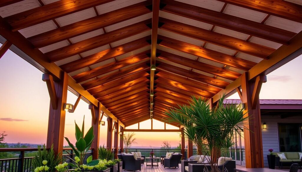 A beautifully designed terrace with stylish wooden beams providing shelter, showcasing a blend of modern and rustic aesthetics. In the foreground, lush potted plants and comfortable outdoor furniture invite relaxation. The middle ground features sturdy, well-crafted wooden beams arching overhead, adorned with subtle lighting fixtures, casting a warm glow. The background reveals a serene sunset, creating a harmonious atmosphere with soft golden and purple hues. The angle captures the terrace from a slightly elevated perspective, emphasizing the structure and its craftsmanship. The scene conveys tranquility and elegance, suggesting the importance of selecting quality beams for terrace roofing, ideal for outdoor gatherings and peaceful evenings.
