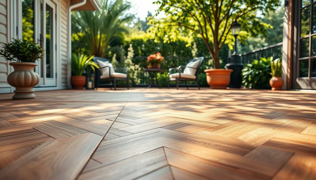 A beautifully designed wooden terrace in a serene outdoor setting, showcasing a blend of rich hardwood planks arranged in a herringbone pattern. In the foreground, focus on the texture of the wood, highlighting its grains and natural sheen with soft morning light casting delicate shadows. The middle ground features a cozy seating area with elegant chairs and a small table adorned with potted plants. In the background, a lush green garden provides a tranquil atmosphere, with soft sunlight filtering through tree leaves. The scene conveys a sense of calm and luxury, emphasizing the quality and craftsmanship of the terrace. Use a warm color palette to evoke a welcoming feeling. The angle should be slightly above eye level to capture both the terrace and the surrounding beauty. No people present in the image.