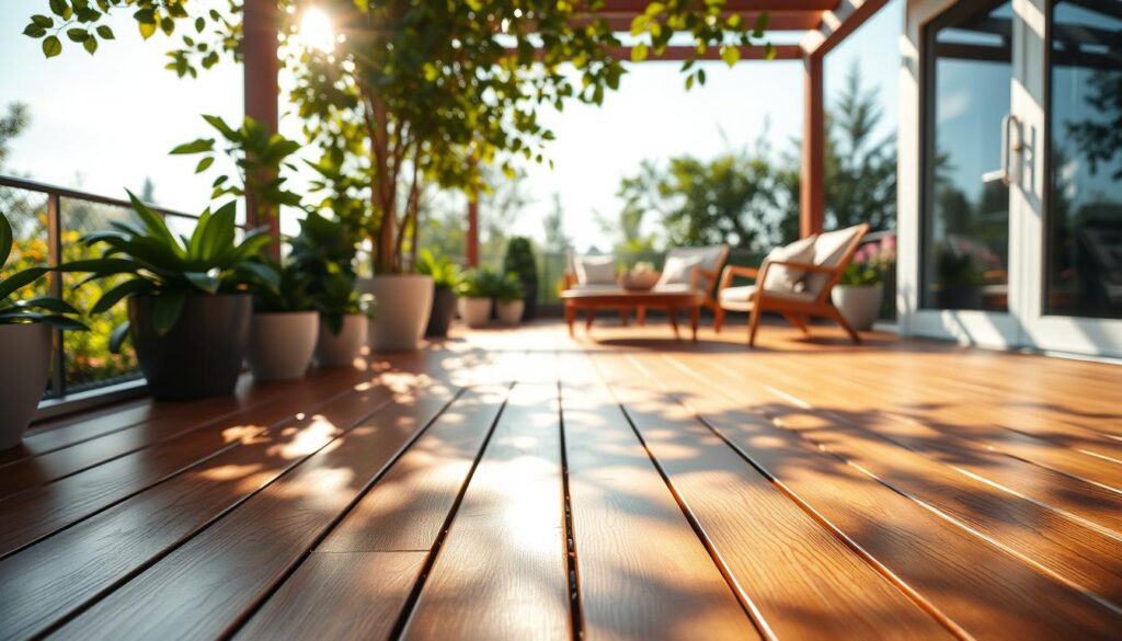 A beautifully designed wooden terrace in a serene outdoor setting. The foreground features polished wooden planks with a protective sealant glistening in the sunlight, showcasing their durability. In the middle ground, there are lush green potted plants and a cozy seating area with elegant, modest furniture, inviting relaxation. Gentle sunlight filters through leaves, casting soft patterns on the terrace, enhancing the warm atmosphere. In the background, a view of a tranquil garden with blooming flowers and a clear blue sky adds depth and a sense of harmony. The perspective captures the terrace from a slightly elevated angle, emphasizing its craftsmanship and inviting ambiance. The overall mood is peaceful and inviting, perfect for illustrating the importance of wood protection in outdoor spaces.