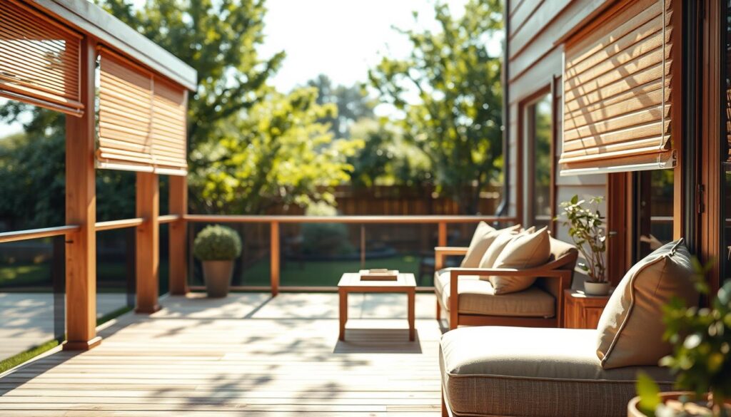 A beautifully designed wooden terrace with elegant wooden blinds partially drawn, showcasing the rich texture and natural grain of the wood. In the foreground, a cozy seating area with tasteful, minimalist furniture, accentuated by soft cushions in muted earth tones. The middle ground features the wooden blinds casting gentle shadows on the floor, enhancing the warmth and inviting atmosphere. In the background, a lush garden is softly blurred to create depth, with dappled sunlight filtering through leaves, adding a touch of serenity. The scene is bathed in warm, natural lighting, evoking a sense of comfort and tranquility, perfect for outdoor relaxation or entertaining. The overall mood is peaceful and stylish, emphasizing the beauty and practicality of wooden blinds on a terrace.