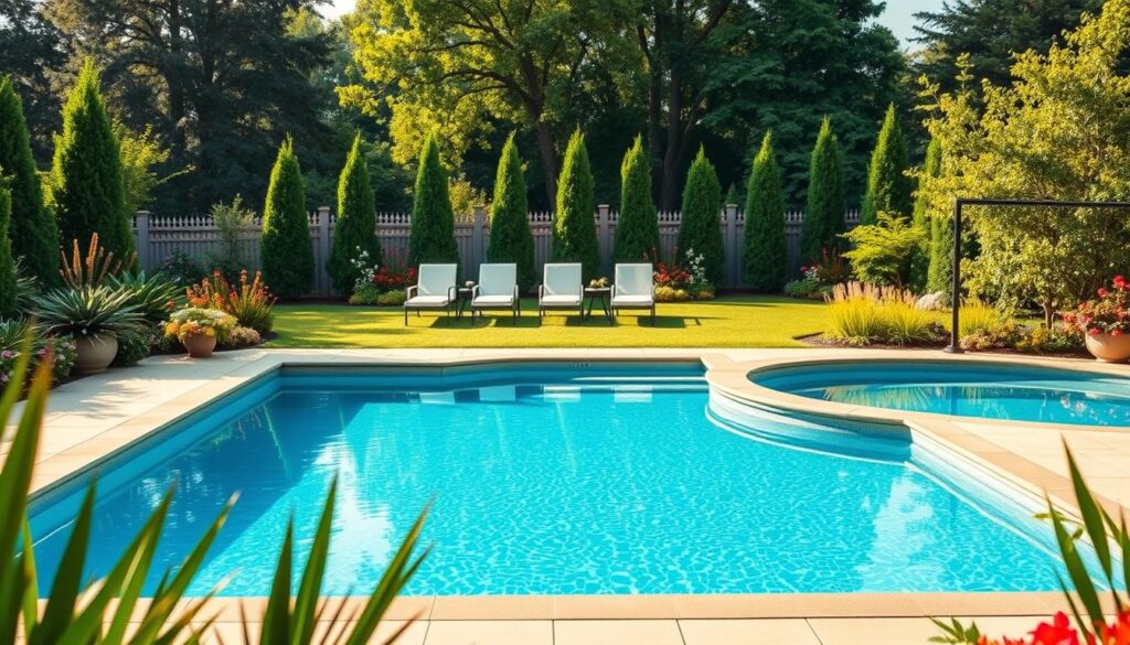 A beautifully landscaped garden featuring a variety of pool shapes to illustrate options for backyard swimming pools. In the foreground, a modern rectangular pool gleams under the sunlight, its clear blue water inviting and serene. To the right, a graceful oval-shaped pool, surrounded by lush greenery and colorful flowers, adds a contrast of organic shapes. The middle ground includes a curved pool design, creating a playful vibe, with comfortable lounge chairs strategically placed nearby, set up for relaxation. In the background, a tasteful fence and tall trees frame the scene, providing privacy and enhancing the tranquil atmosphere. Soft, natural lighting enhances the warm ambiance, capturing the beauty of a perfect summer day. The overall mood is one of elegance and tranquility, appealing to homeowners considering pool options for their gardens. A beautifully landscaped garden featuring a variety of pool shapes to illustrate options for backyard swimming pools. In the foreground, a modern rectangular pool gleams under the sunlight, its clear blue water inviting and serene. To the right, a graceful oval-shaped pool, surrounded by lush greenery and colorful flowers, adds a contrast of organic shapes. The middle ground includes a curved pool design, creating a playful vibe, with comfortable lounge chairs strategically placed nearby, set up for relaxation. In the background, a tasteful fence and tall trees frame the scene, providing privacy and enhancing the tranquil atmosphere. Soft, natural lighting enhances the warm ambiance, capturing the beauty of a perfect summer day. The overall mood is one of elegance and tranquility, appealing to homeowners considering pool options for their gardens.