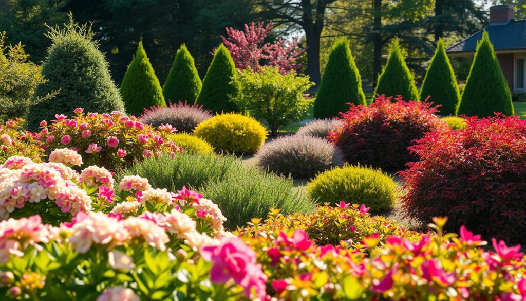 A beautifully landscaped garden featuring a variety of seasonal shrubs, showcasing their unique colors and textures. In the foreground, vibrant flowering shrubs like hydrangeas and azaleas bloom brilliantly, while evergreen shrubs like boxwood and juniper provide structure and greenery year-round. The middle ground highlights medium-sized shrubs with changing foliage, such as viburnum and spirea, displaying their seasonal transformations. The background fades into soft sunlight filtering through taller trees, casting gentle shadows across the garden. The scene captures a serene and inviting atmosphere, ideal for any garden enthusiast. The overall lighting is warm and natural, evoking a feeling of harmony and seasonal beauty. Use a slight wide-angle perspective to create depth and add a sense of exploration to the image.