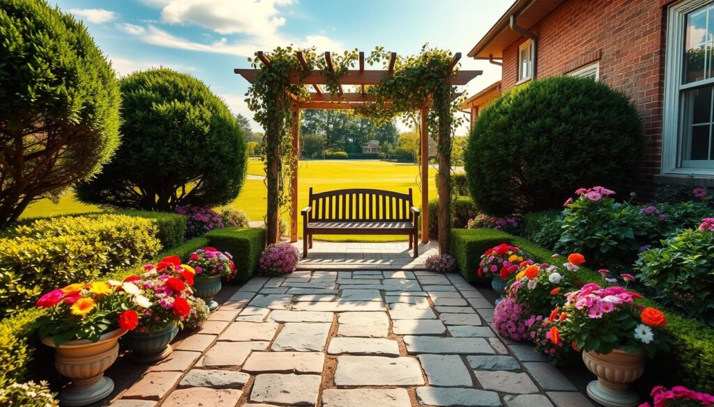 A beautifully landscaped garden in front of an inviting home entrance, featuring vibrant flowers in full bloom, lush green shrubs, and neatly trimmed hedges. The foreground includes decorative stone pathways leading to the front door, flanked by colorful planters filled with seasonal flowers. In the middle ground, a charming wooden bench sits beneath a small pergola draped with climbing vines, creating a cozy seating area. The background showcases a well-maintained lawn under a clear blue sky, with soft, warm sunlight casting gentle shadows. The overall atmosphere is welcoming and serene, evoking a sense of harmony and tranquility, perfect for making a great first impression. The image captures a wide-angle perspective, emphasizing depth and inviting charm.