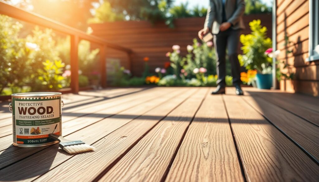 A beautifully maintained wooden terrace under bright, natural sunlight, showcasing rich, textured wood grains to emphasize its beauty. In the foreground, a can of protective wood finish is placed next to a paintbrush, symbolizing the importance of safeguarding the wood. The middle ground features a close-up of a technician applying a protective sealer, dressed in smart casual attire, demonstrating care and expertise. In the background, a lush garden with colorful flowers and greenery adds a refreshing ambiance, creating a serene outdoor space. The lighting is warm and inviting, casting soft shadows that highlight the smooth finish of the wood. The overall mood conveys a sense of tranquility and harmony with nature, emphasizing the value of preserving the wooden terrace for years of enjoyment.