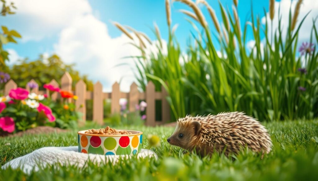 A charming garden scene focused on a hedgehog being gently lured into a lush outdoor setting. In the foreground, a colorful bowl filled with cat food sits invitingly on a soft patch of grass. The hedgehog, with its spiky, textured fur, is cautiously approaching the food, creating a sense of curiosity. In the middle ground, vibrant flowers and a small wooden fence frame the scene, while tall, gentle green grasses sway slightly in a soft breeze. The background features a bright blue sky, with fluffy white clouds and sunlight filtering through, casting a warm, inviting glow over the entire composition. The mood is peaceful and nurturing, capturing the essence of attracting wildlife into a safe garden habitat.