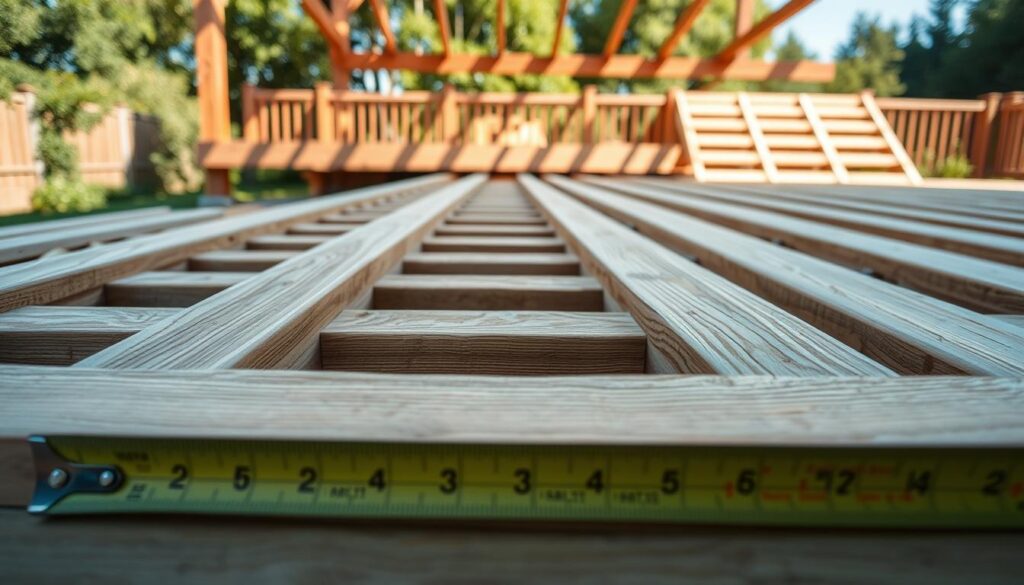 A close-up view of a composite deck construction site, focusing on the distance between wooden beams (legary) used to support the terrace. The image showcases the beams laid out in a parallel arrangement, with precise spacing that adheres to manufacturer recommendations. In the foreground, a measuring tape is shown, indicating the measurements between the beams. The middle ground captures the beams resting on a sturdy foundation, while the background features a partially constructed deck, framed by lush greenery and a clear blue sky, suggesting a well-lit and inviting environment. The lighting is natural, highlighting the textures of the wood and the meticulous spacing of the construction, conveying a professional and organized atmosphere for deck installation. A close-up view of a composite deck construction site, focusing on the distance between wooden beams (legary) used to support the terrace. The image showcases the beams laid out in a parallel arrangement, with precise spacing that adheres to manufacturer recommendations. In the foreground, a measuring tape is shown, indicating the measurements between the beams. The middle ground captures the beams resting on a sturdy foundation, while the background features a partially constructed deck, framed by lush greenery and a clear blue sky, suggesting a well-lit and inviting environment. The lighting is natural, highlighting the textures of the wood and the meticulous spacing of the construction, conveying a professional and organized atmosphere for deck installation.