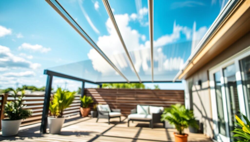 A close-up view of a durable polycarbonate patio covering, showcasing its sleek design and clarity. In the foreground, highlight the texture and thickness of the polycarbonate panels, reflecting sunlight with a glossy finish. The middle ground features a stylish wooden terrace with potted plants and comfortable outdoor furniture, illustrating a cozy living space beneath the covering. The background reveals a bright blue sky with a few fluffy clouds, enhancing the appeal of outdoor living. Soft, natural lighting casts gentle shadows, creating a warm atmosphere. The image should feel inviting and ensure the focus remains on the polycarbonate roofing as the key feature, while conveying a sense of durability and modern outdoor aesthetics.