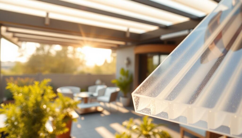 A close-up view of a polycarbonate sheet demonstrating its durability, set against the backdrop of a stylish terrace awning. The foreground features a clear, thick polycarbonate panel showcasing its strength with light refracting through it, creating a radiant glow. In the middle, a well-designed terrace is visible, with elegant furniture, plants, and a modern ambiance. The background is a soft-focus garden, bathed in warm afternoon sunlight, enhancing the atmosphere of comfort and resilience. Use natural lighting to highlight the glossy finish of the polycarbonate, captured from a slightly low angle to emphasize its thickness and quality. The image should evoke a sense of reliability and sophistication without any text or distracting elements.