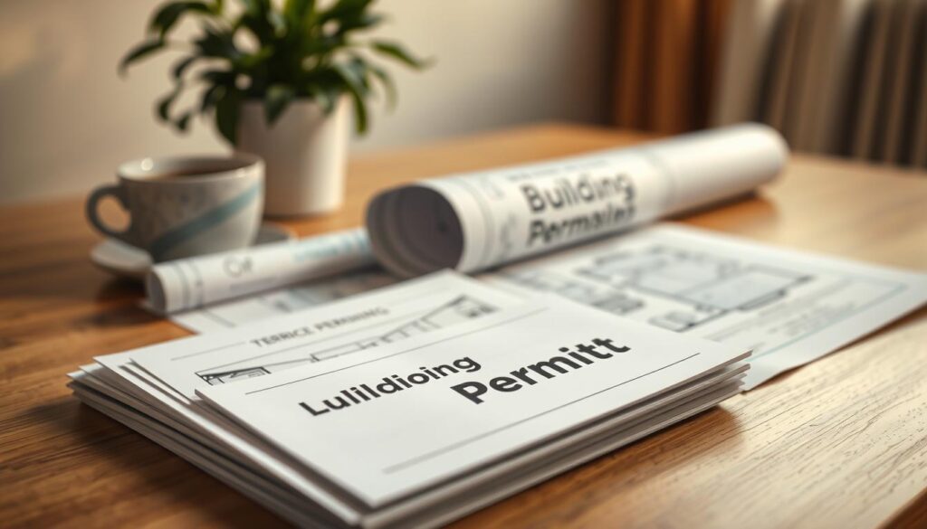 A close-up view of a set of building permits and architectural plans spread out on a wooden desk, with a soft, warm morning light illuminating the scene. In the foreground, focus on a neatly stacked stack of permits with the words "Building Permit" prominently visible. In the middle, include a partially rolled architectural design of a terrace conversion, showcasing detailed drawings of a room layout. In the background, a potted plant and a coffee cup are blurred to provide a cozy atmosphere. The overall mood is professional and inviting, capturing the essence of construction planning for a home renovation project.