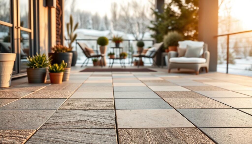A close-up view of a stylish outdoor terrace featuring various frost-resistant tiles. In the foreground, showcase a selection of textured tiles in earthy tones, such as grey and beige, arranged artistically to highlight their intricate patterns. In the middle ground, include a beautifully designed terrace with potted plants and outdoor furniture, emphasizing a cozy and inviting atmosphere. The background should depict a serene garden or snow-dusted landscape, suggesting winter durability. Use warm, natural lighting to create a soft, inviting glow that contrasts with the coolness of the snowy background. The angle should be slightly elevated to capture the layout effectively, conveying an atmosphere of elegance and functionality for outdoor living spaces. A close-up view of a stylish outdoor terrace featuring various frost-resistant tiles. In the foreground, showcase a selection of textured tiles in earthy tones, such as grey and beige, arranged artistically to highlight their intricate patterns. In the middle ground, include a beautifully designed terrace with potted plants and outdoor furniture, emphasizing a cozy and inviting atmosphere. The background should depict a serene garden or snow-dusted landscape, suggesting winter durability. Use warm, natural lighting to create a soft, inviting glow that contrasts with the coolness of the snowy background. The angle should be slightly elevated to capture the layout effectively, conveying an atmosphere of elegance and functionality for outdoor living spaces.
