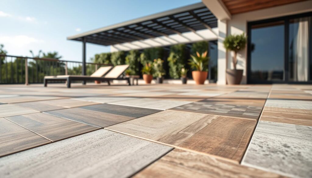 A close-up view of stylish outdoor tiles arranged neatly on a modern terrace, showcasing various textures and patterns such as wood-like, stone, and mosaic designs. The foreground features a few tiles with natural light casting soft shadows, emphasizing their surface quality. In the middle ground, a beautifully designed patio area with potted plants and outdoor furniture like lounge chairs and a small table, creating an inviting atmosphere. The background includes a lush garden with greenery and a clear blue sky that adds tranquility to the scene. The overall mood is serene and sophisticated, captured in soft, natural lighting to highlight the detail of the tiles and the beauty of the outdoor space. The angle is slightly elevated, providing a comprehensive view of the terrace layout.