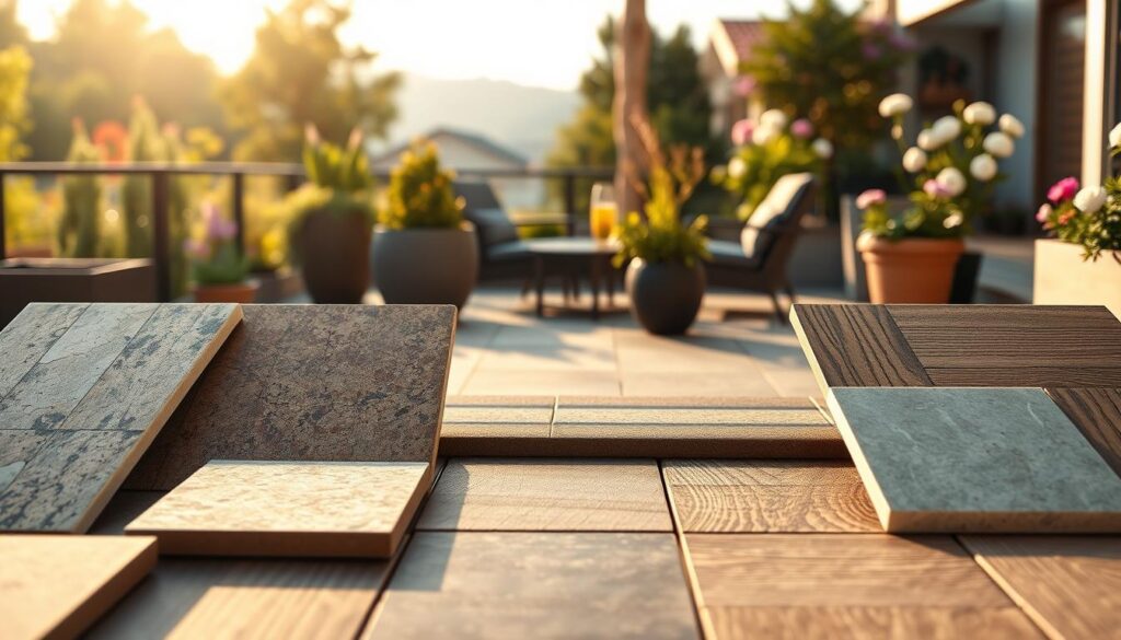 A collection of decorative terrace tiles displayed prominently in the foreground, showcasing various textures and colors, including stone, ceramic, and wood finishes. In the middle ground, focus on a stylish outdoor terrace setting, featuring planters and furniture, with tiles laid out in an artistic pattern. The background features a blurred garden landscape, with soft greenery and blooming flowers, enhancing the outdoor feel. The scene is illuminated by warm, golden sunlight, casting gentle shadows and creating a cozy atmosphere. The perspective is slightly elevated, capturing the tiles from an angle that highlights their surface details and unique features. The mood is inviting and serene, conveying the beauty and functionality of frost-resistant terrace tiles. A collection of decorative terrace tiles displayed prominently in the foreground, showcasing various textures and colors, including stone, ceramic, and wood finishes. In the middle ground, focus on a stylish outdoor terrace setting, featuring planters and furniture, with tiles laid out in an artistic pattern. The background features a blurred garden landscape, with soft greenery and blooming flowers, enhancing the outdoor feel. The scene is illuminated by warm, golden sunlight, casting gentle shadows and creating a cozy atmosphere. The perspective is slightly elevated, capturing the tiles from an angle that highlights their surface details and unique features. The mood is inviting and serene, conveying the beauty and functionality of frost-resistant terrace tiles.