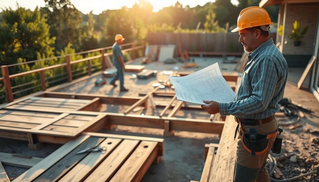A construction site focusing on common mistakes during terrace building. In the foreground, a partially constructed terrace shows misaligned wooden planks, uneven ground, and incorrect placement of support beams. In the middle ground, a frustrated contractor, dressed in a hard hat and construction attire, examines a blueprint while pointing at the problematic areas. In the background, tools and materials are scattered, highlighting chaos from poor planning. Soft afternoon light casts long shadows, creating a warm yet tense atmosphere. The scene captures the essence of learning from errors, with lush greenery surrounding the site, symbolizing potential amidst challenges. The lens perspective focuses on the contractor and the terrace, ensuring clear visibility of the construction issues.
