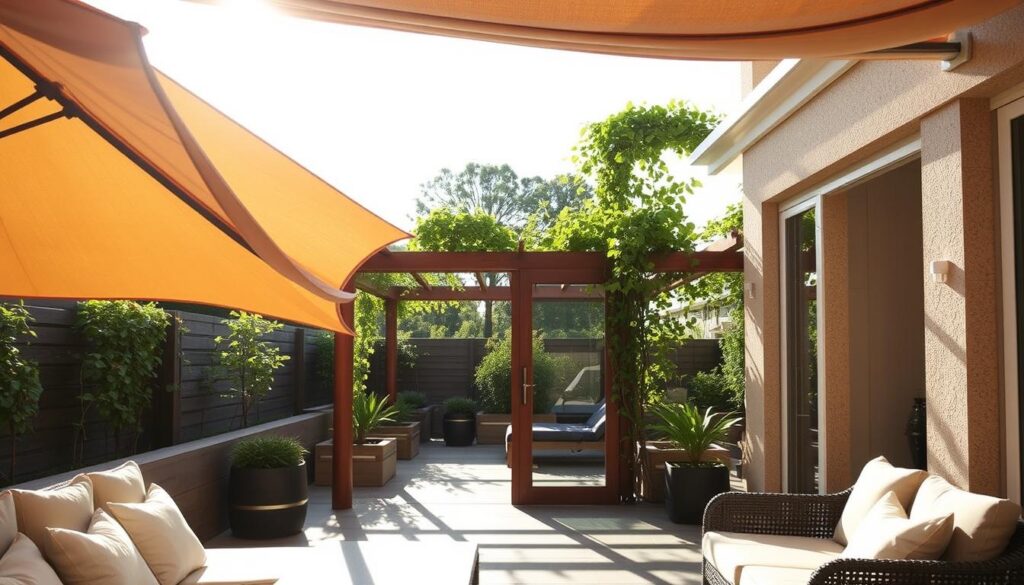 A cozy and inviting terrace setting showcasing various materials for sun, wind, and rain protection. In the foreground, there are elegant fabric canopies gently billowing in the breeze, crafted from durable, weather-resistant materials. The middle ground features a stylish wooden pergola adorned with climbing plants and a partial glass enclosure for a modern touch. To the background, a tranquil garden is visible with vibrant greenery, enhancing the outdoor ambiance. The scene is bathed in soft, natural sunlight, creating warm highlights and gentle shadows, suggesting a comfortable, serene atmosphere. The view is captured from a slightly elevated angle to showcase the materials effectively while also emphasizing the calm surroundings. The overall composition conveys a feeling of relaxation and sophistication, perfect for outdoor living.