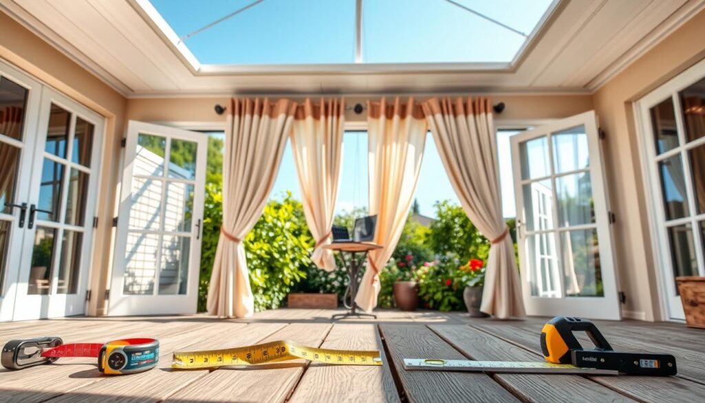 A cozy outdoor terrace featuring practical tips for installing terrace curtains. In the foreground, there are neatly laid out tools like a tape measure, a level, and brackets, symbolizing the installation process. In the middle, display a partially assembled curtain rod with elegant fabric curtains hanging down, showcasing a blend of soft colors. The background reveals a sunny garden setting with greenery and blooming flowers, creating a serene atmosphere. The lighting is bright and natural, reflecting a clear blue sky, enhancing the cheerful mood. Use a wide-angle perspective to capture the entire scene, emphasizing functionality and style in terrace decoration. No people present; focus solely on the installation setup. A cozy outdoor terrace featuring practical tips for installing terrace curtains. In the foreground, there are neatly laid out tools like a tape measure, a level, and brackets, symbolizing the installation process. In the middle, display a partially assembled curtain rod with elegant fabric curtains hanging down, showcasing a blend of soft colors. The background reveals a sunny garden setting with greenery and blooming flowers, creating a serene atmosphere. The lighting is bright and natural, reflecting a clear blue sky, enhancing the cheerful mood. Use a wide-angle perspective to capture the entire scene, emphasizing functionality and style in terrace decoration. No people present; focus solely on the installation setup.