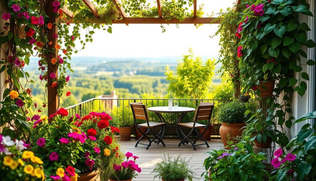 A cozy terrace adorned with a variety of lush plants. In the foreground, vibrant flower pots filled with colorful blooms such as geraniums and petunias. Climbing vines gracefully drape over a wooden trellis covered in creeping jasmine. The middle ground features a rustic table set for two, surrounded by comfortable chairs, with a small herb garden nearby, showcasing basil, rosemary, and thyme. In the background, a serene landscape with soft, blurred greenery and a gentle blue sky overhead, allowing warm sunlight to filter through, creating a peaceful ambiance. The scene is captured from a slightly elevated angle, emphasizing the inviting atmosphere of the terrace, perfect for relaxation and enjoying nature. A cozy terrace adorned with a variety of lush plants. In the foreground, vibrant flower pots filled with colorful blooms such as geraniums and petunias. Climbing vines gracefully drape over a wooden trellis covered in creeping jasmine. The middle ground features a rustic table set for two, surrounded by comfortable chairs, with a small herb garden nearby, showcasing basil, rosemary, and thyme. In the background, a serene landscape with soft, blurred greenery and a gentle blue sky overhead, allowing warm sunlight to filter through, creating a peaceful ambiance. The scene is captured from a slightly elevated angle, emphasizing the inviting atmosphere of the terrace, perfect for relaxation and enjoying nature.