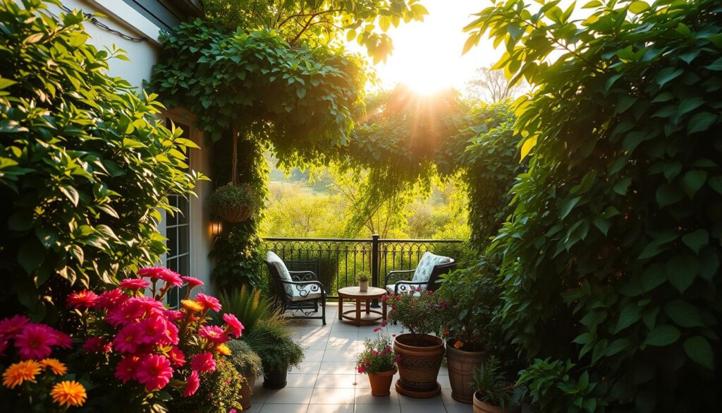 A cozy terrace adorned with lush green plants acting as natural shields, creating a tranquil atmosphere. In the foreground, vibrant potted flowers in varying sizes and colors provide pops of brightness, while tall, leafy shrubs offer privacy. The middle ground showcases a tastefully arranged seating area with comfortable chairs and a small wooden table, partially covered by climbing vines. In the background, a soft, warm sunlight filters through the leaves, creating dappled shadows on the terrace. The scene is set during the golden hour, enhancing the serene and inviting ambiance. Use a wide-angle perspective to capture the full beauty of this green sanctuary, emphasizing the harmony between nature and relaxation.
