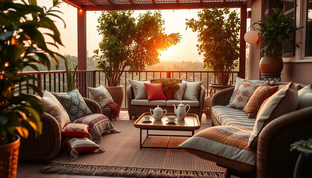 A cozy terrace decorated with vibrant textiles, featuring a mix of soft cushions in various colors and patterns strewn across rattan furniture. In the foreground, a richly textured woven rug lays beneath a low coffee table with a delicate tea set. The middle ground showcases an inviting seating area framed by lush green plants in decorative pots, creating a natural privacy barrier. In the background, a sunset casts a warm, golden glow over the scene, enhancing the intimate atmosphere. Soft fairy lights are draped along the railing, twinkling gently. The composition should be captured with a slight low angle to emphasize the inviting setup, with soft focus to enhance the mood of comfort and style.